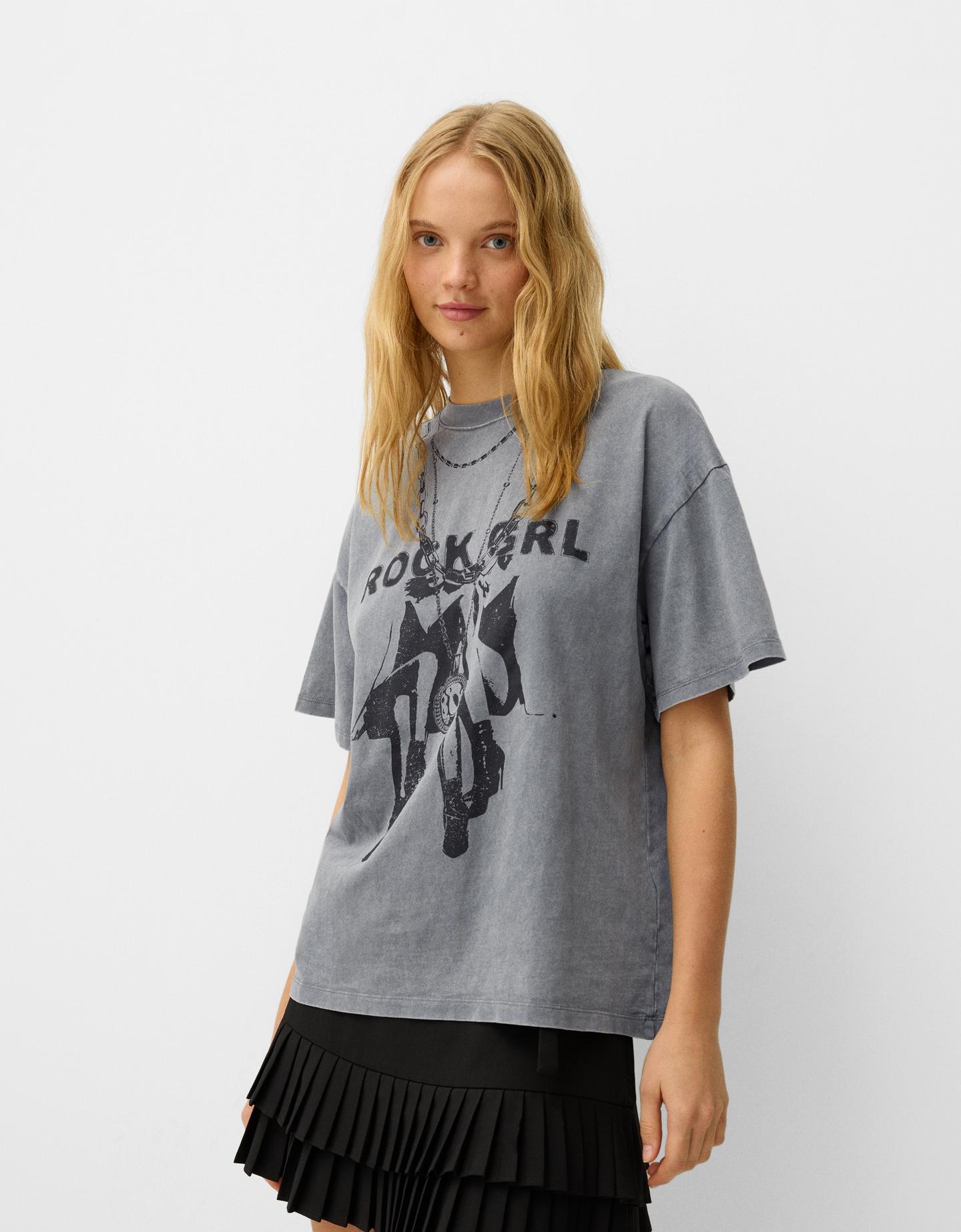 Bershka Oversize-T-Shirt Mit Print Damen M Grau günstig online kaufen