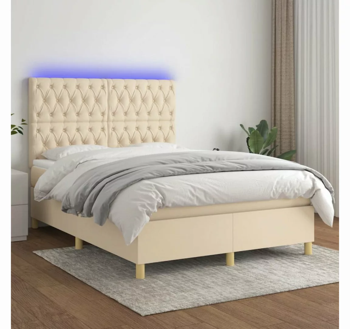 vidaXL Boxspringbett (140 x 190 cm, Knopfheftung Schräg, Creme), mit LED günstig online kaufen