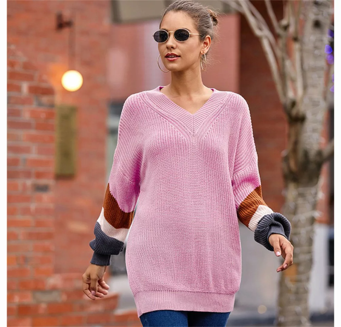 RUZU UG Abendkleid Pullover Damen Winter V-Ausschnitt Laternenärmel Farbblo günstig online kaufen