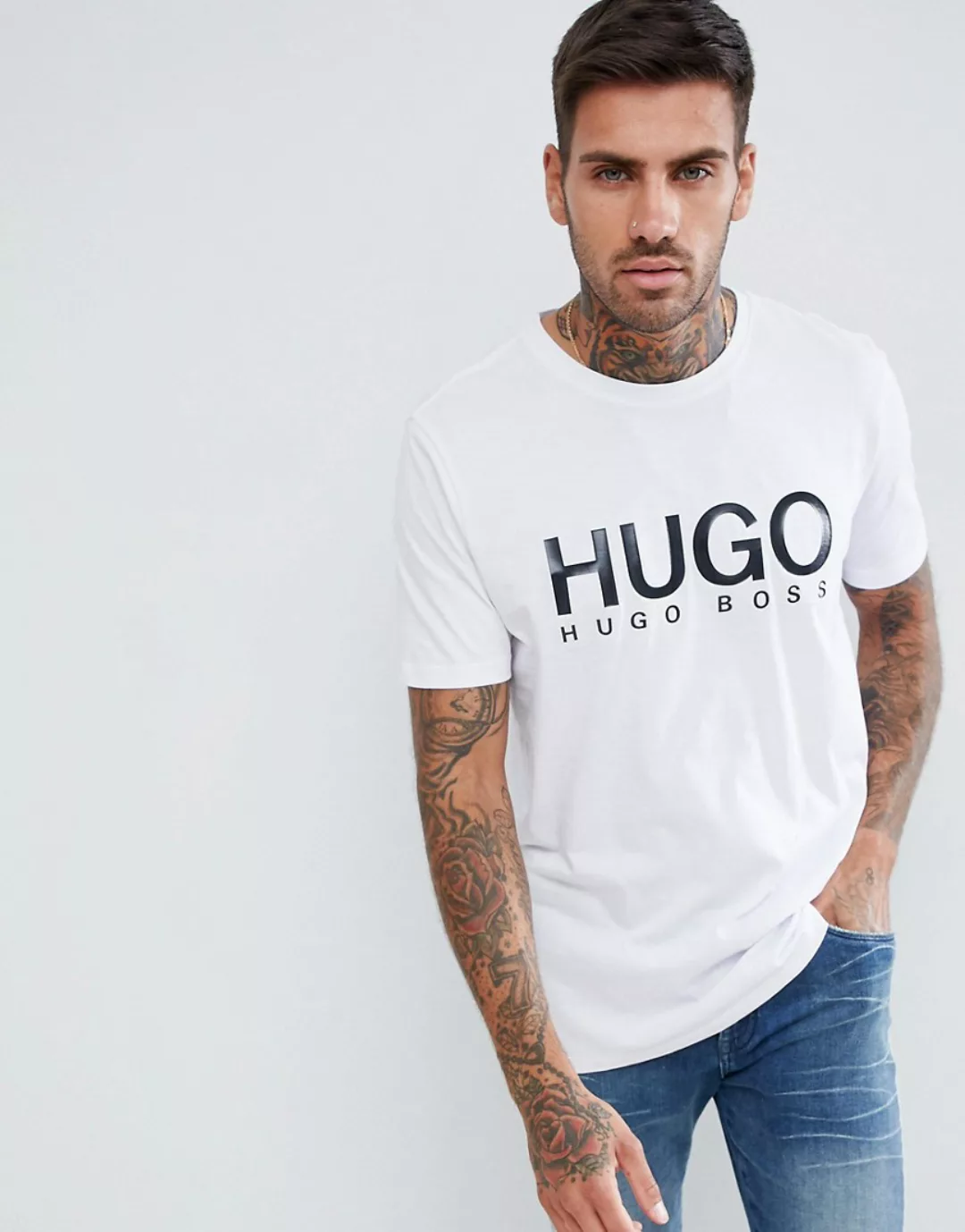 HUGO – Dolive – Weißes T-Shirt mit großem Logo günstig online kaufen