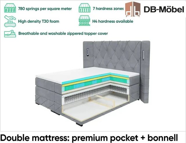 DB-Möbel Boxspringbett „Königlich” Polsterbett mit Stauraum - Bett mit LED günstig online kaufen