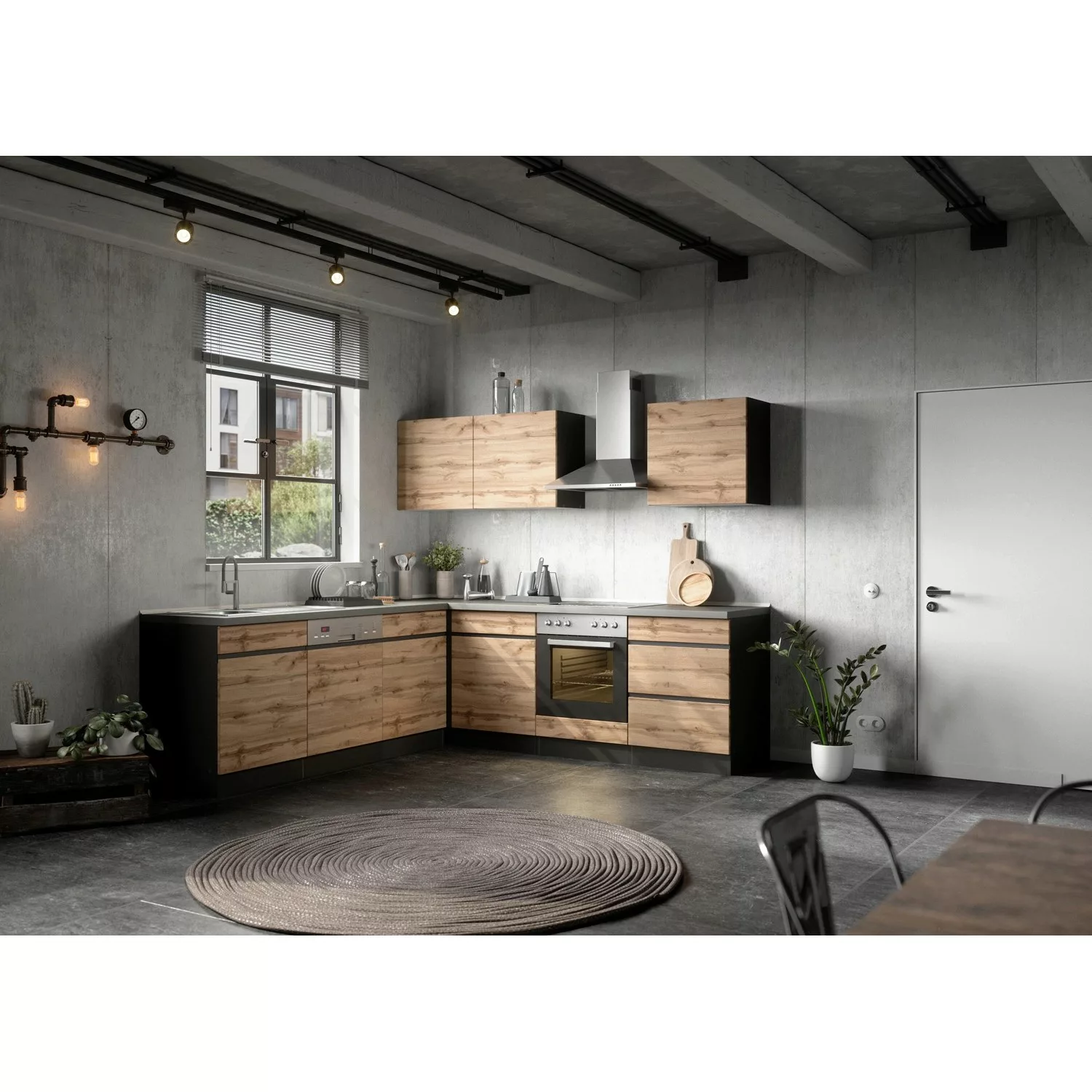 Held Möbel Winkelküche Turin 240 x 240 cm Wotaneiche-Graphit mit E-Geräten günstig online kaufen