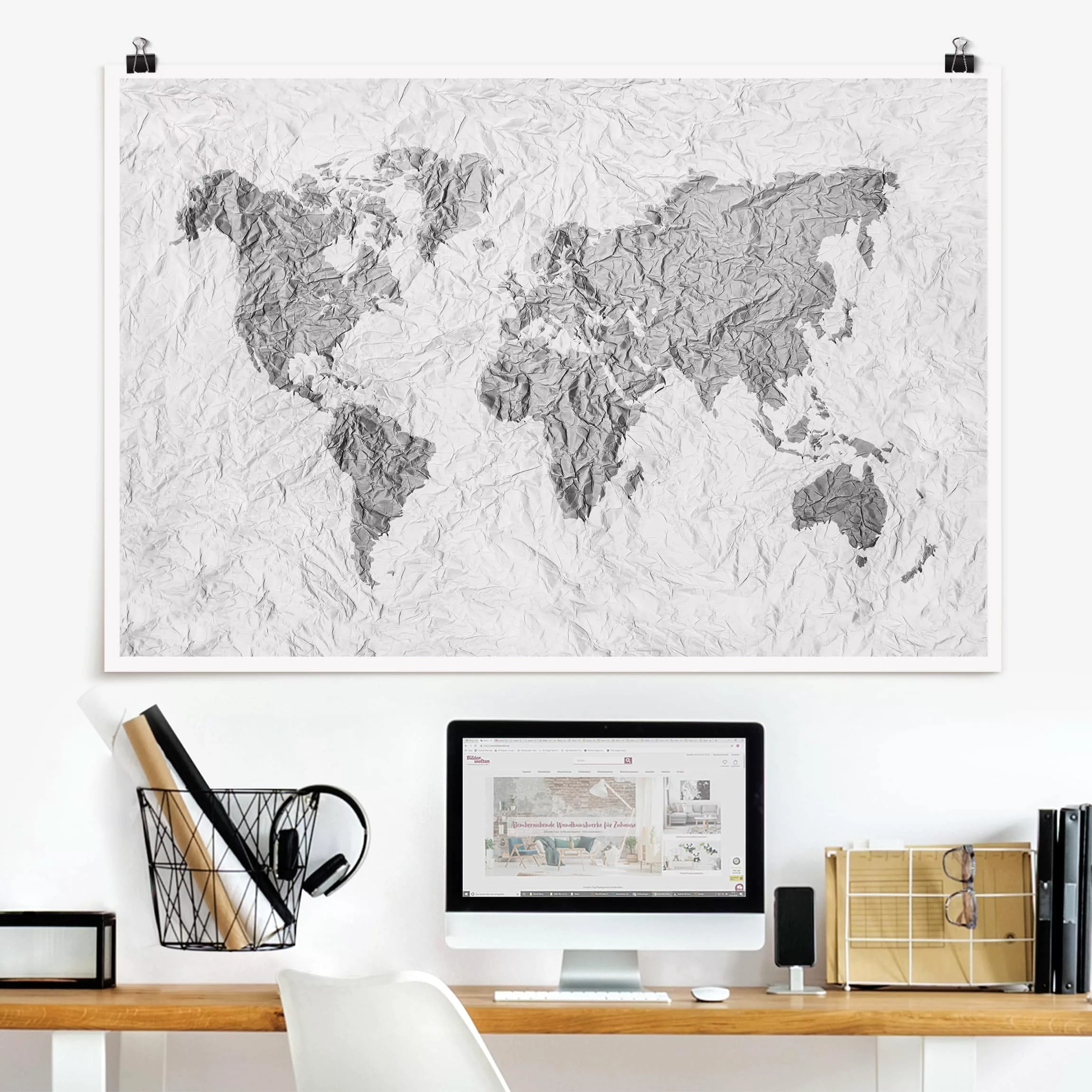 Poster Stadt-, Land- & Weltkarten - Querformat Papier Weltkarte Weiß Grau günstig online kaufen