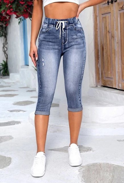 CHENIN Caprijeans Damen-jeans mit kordelzug, hoher taille, zerrissene jeans günstig online kaufen