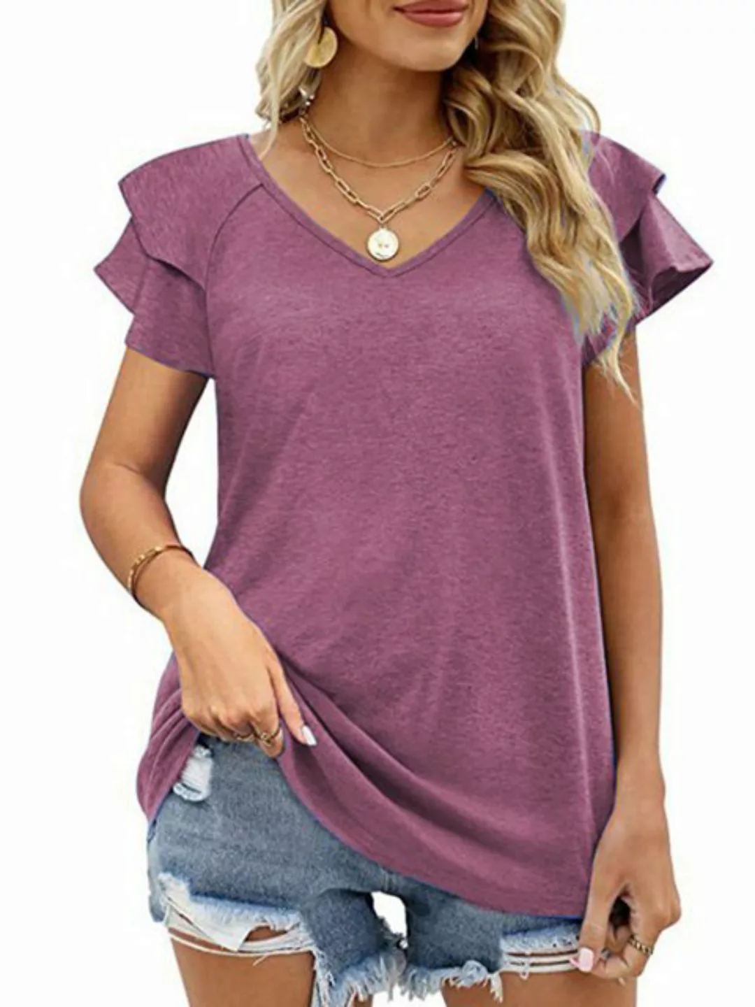 Orient Phoenix T-Shirt Damen V-Ausschnitt Oberteile mit kurzärmelige,Rüsche günstig online kaufen