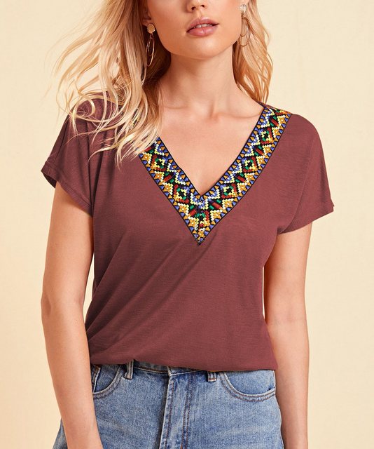 BlauWave Kurzarmshirt Damen Elegant Sommer Kurzarm Einfarbig V-Ausschnitt ( günstig online kaufen