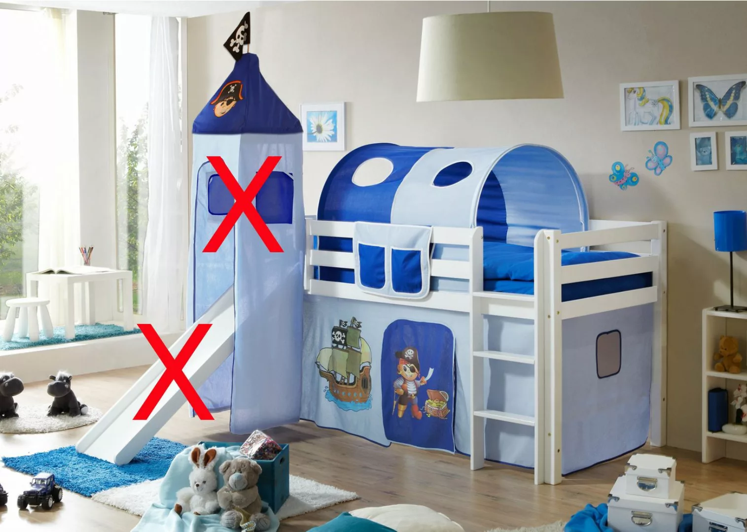 Kindermöbel 24 Hochbett Aron 90*200 cm Kiefer massiv weiß Auswahl Vorhang, günstig online kaufen