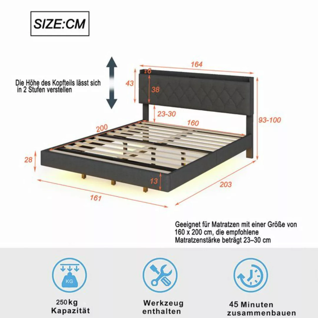 HAUSS SPLOE Polsterbett 160x200 cm mit USB-Ladeanschluss und LED-Lichtleist günstig online kaufen