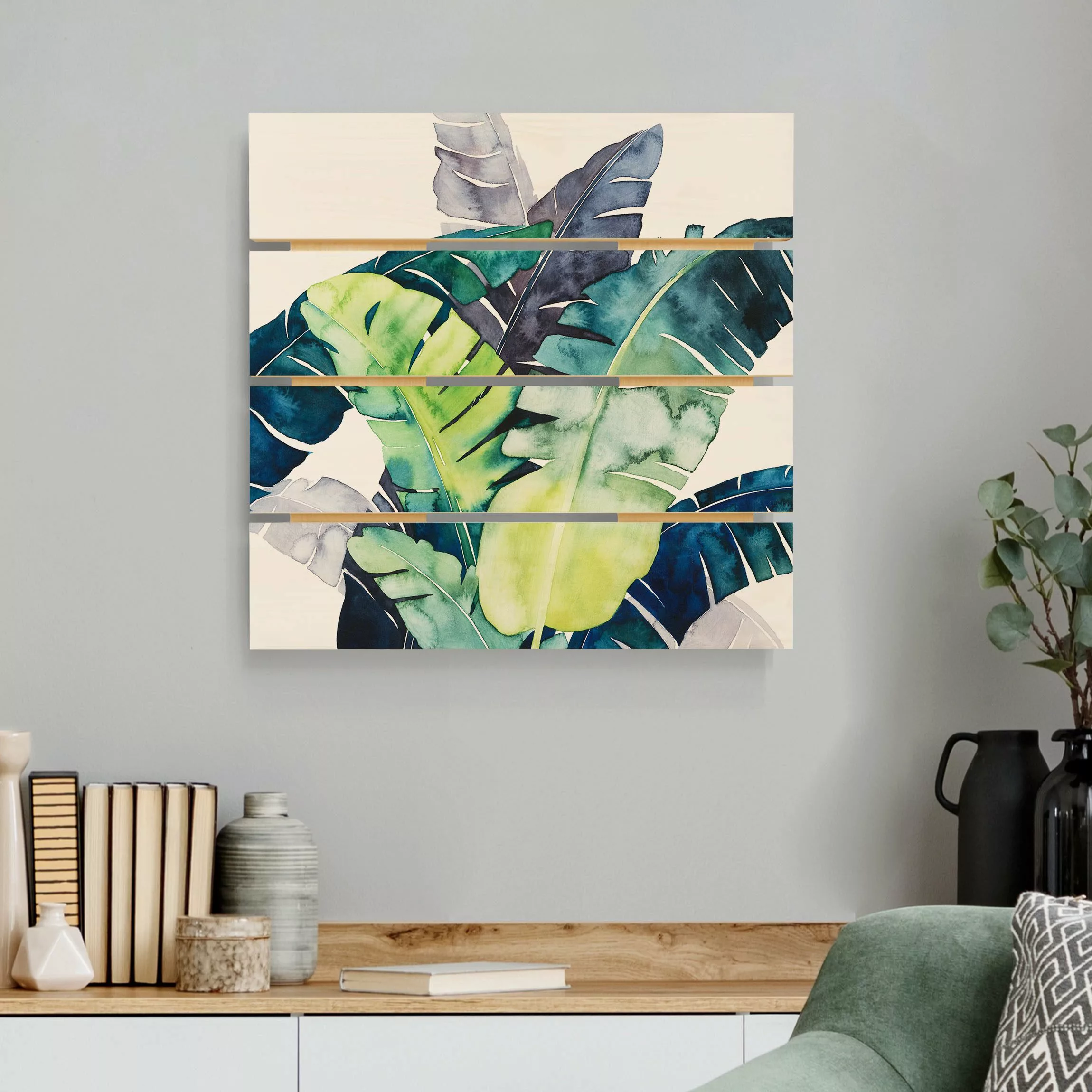 Holzbild Plankenoptik Blumen - Quadrat Exotisches Blattwerk - Banane günstig online kaufen