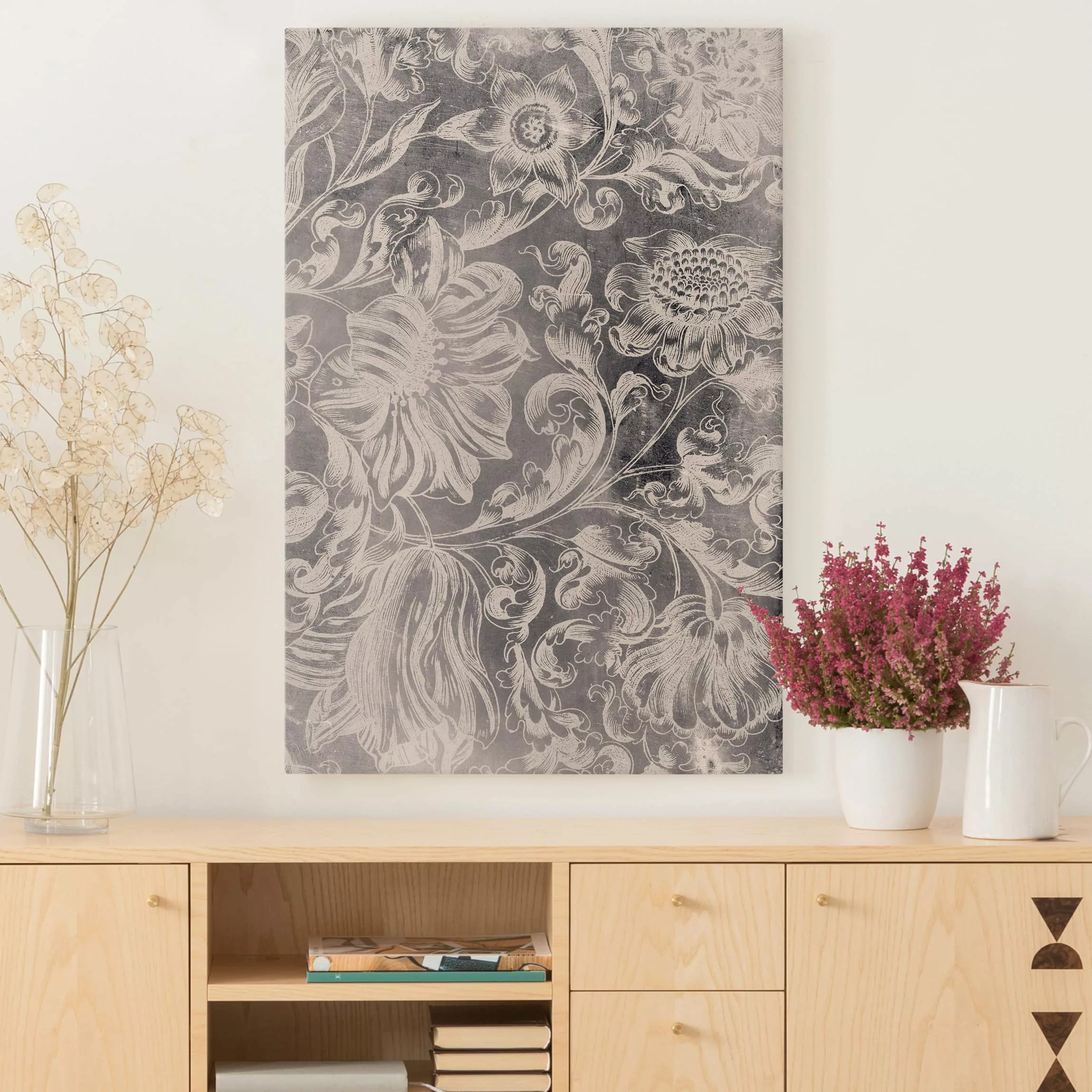 Leinwandbild Muster - Hochformat Verblühtes Blumenornament II günstig online kaufen