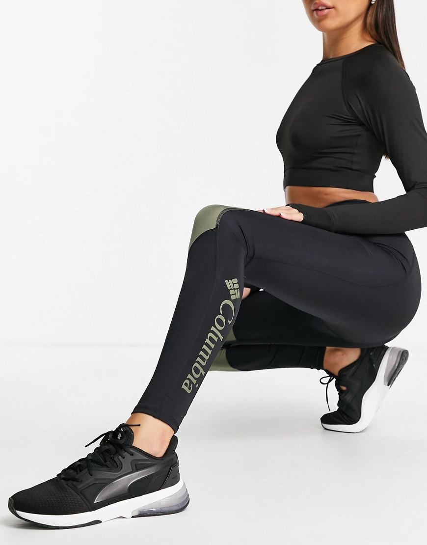 Columbia – Lodge – Leggings mit Farbblock-Design in Schwarz/Grün günstig online kaufen