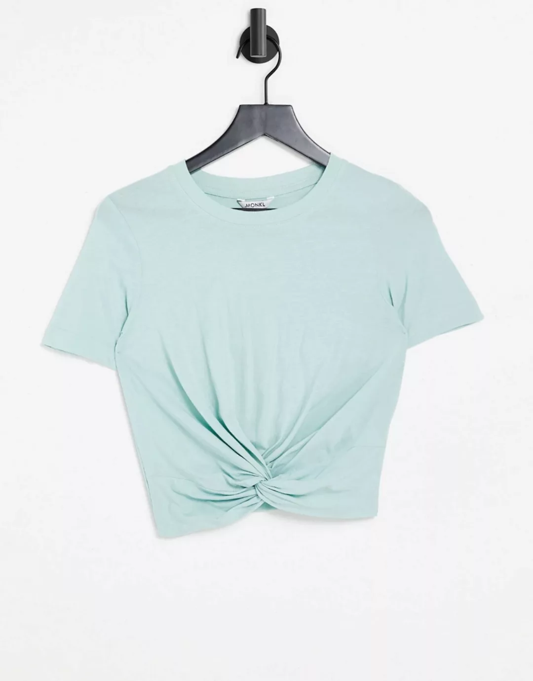 Monki – Wilma – T-Shirt in Grün aus Bio-Baumwolle mit verdrehter Vorderseit günstig online kaufen