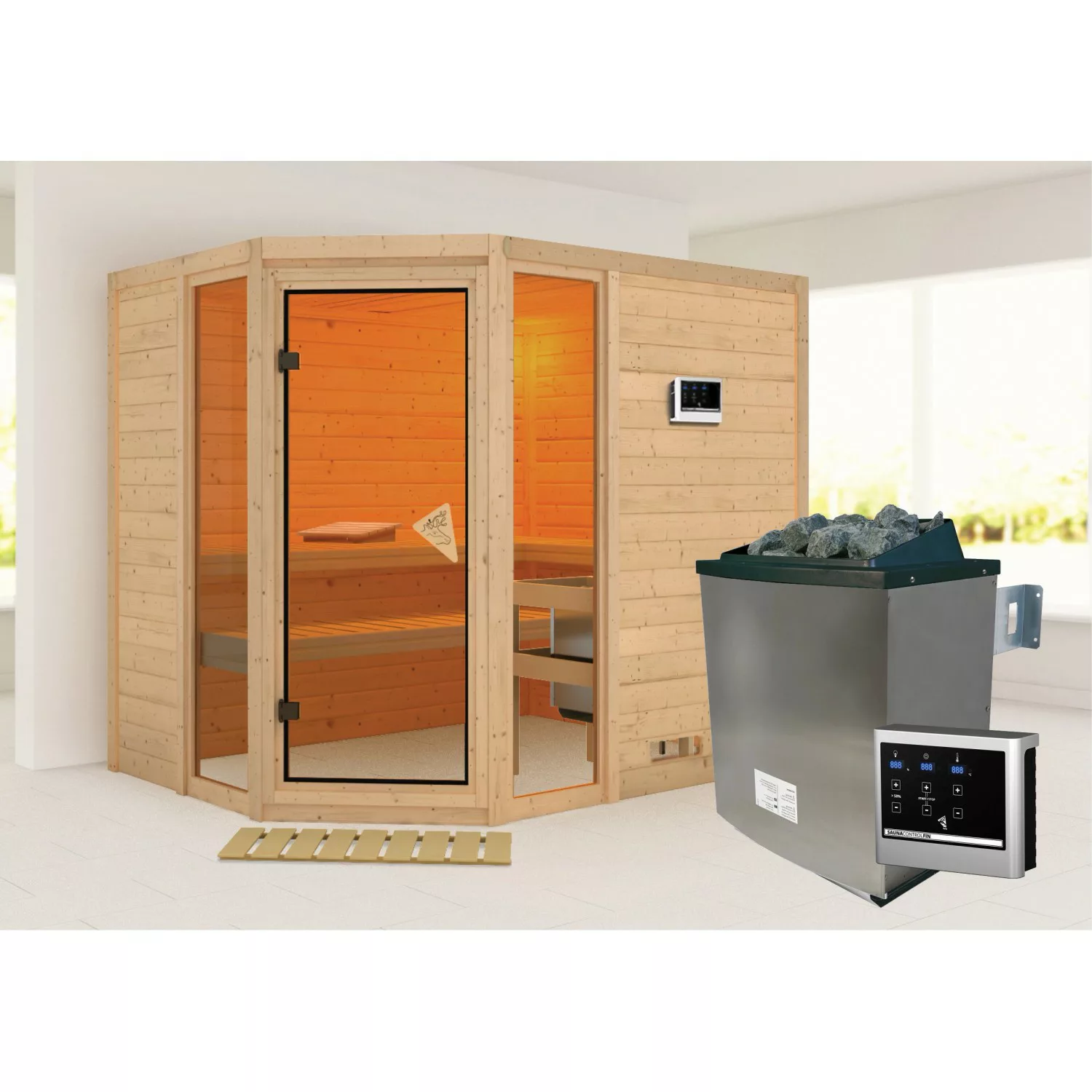 Karibu Sauna Sanna 3 Set Edelstahlmit Ofen externe Stg.Natur günstig online kaufen