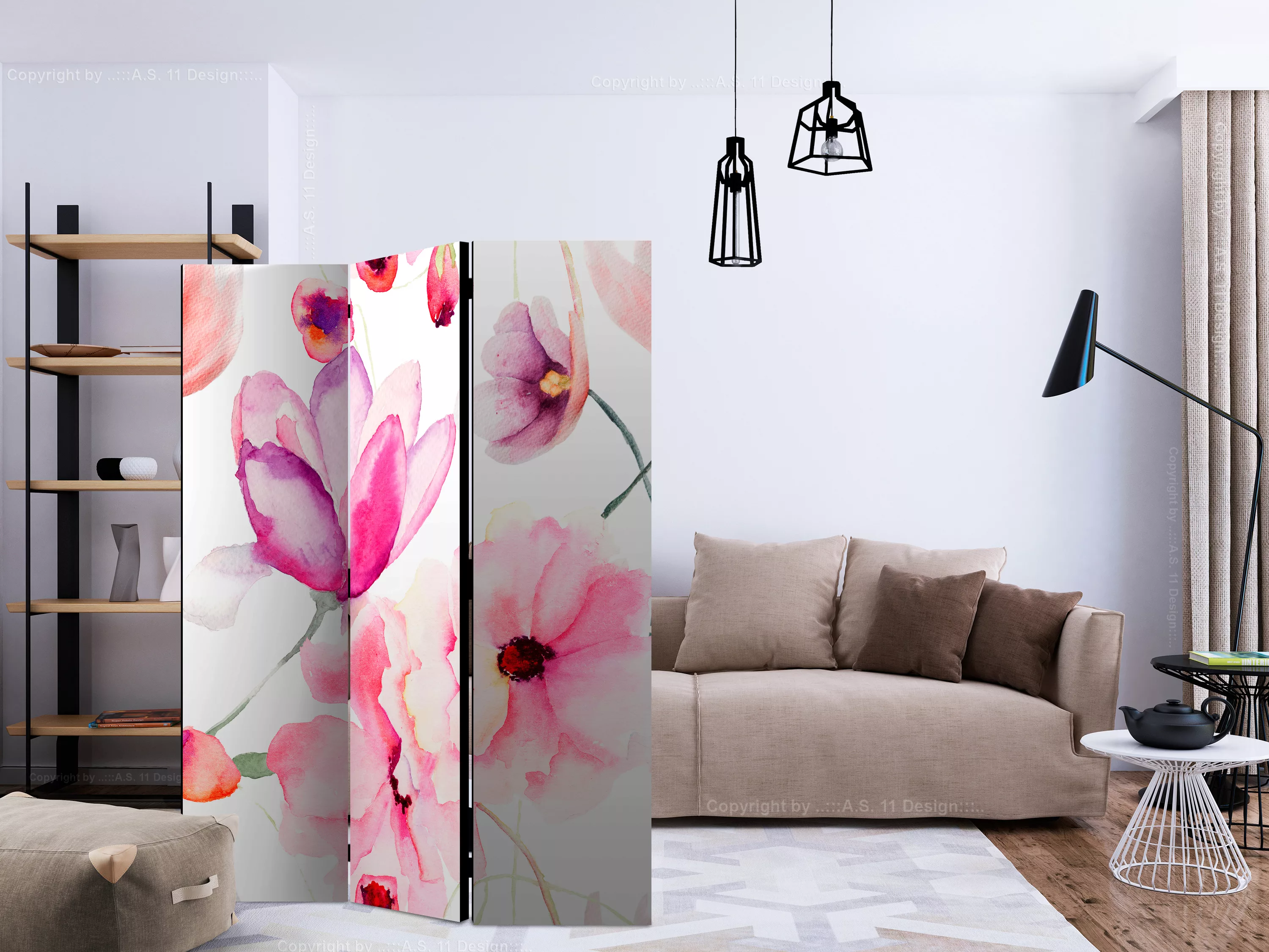 3-teiliges Paravent - Pink Flowers [room Dividers] günstig online kaufen