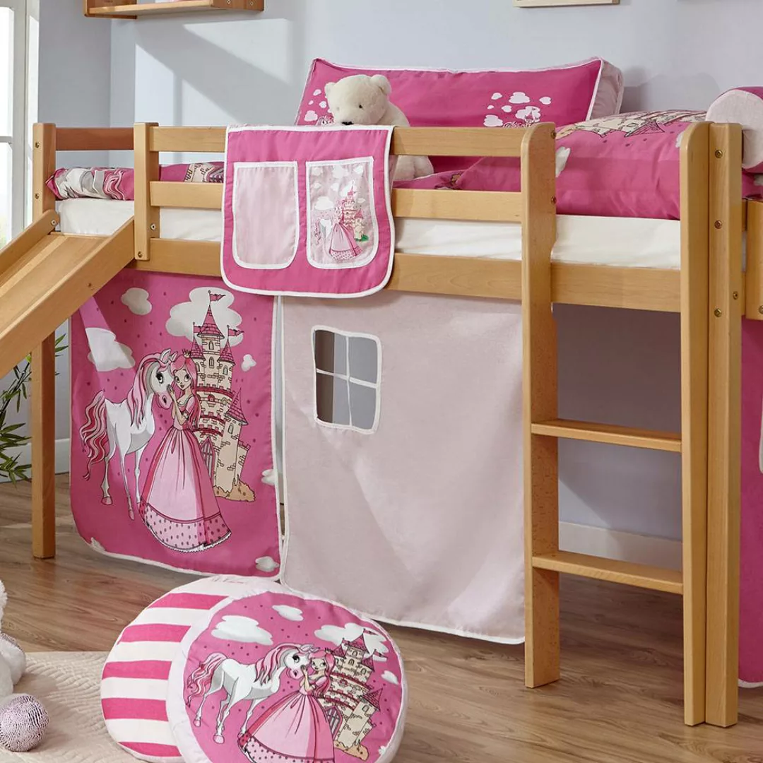 Kinderbett aus Buche Massivholz Webstoff in Pink und Rosa günstig online kaufen