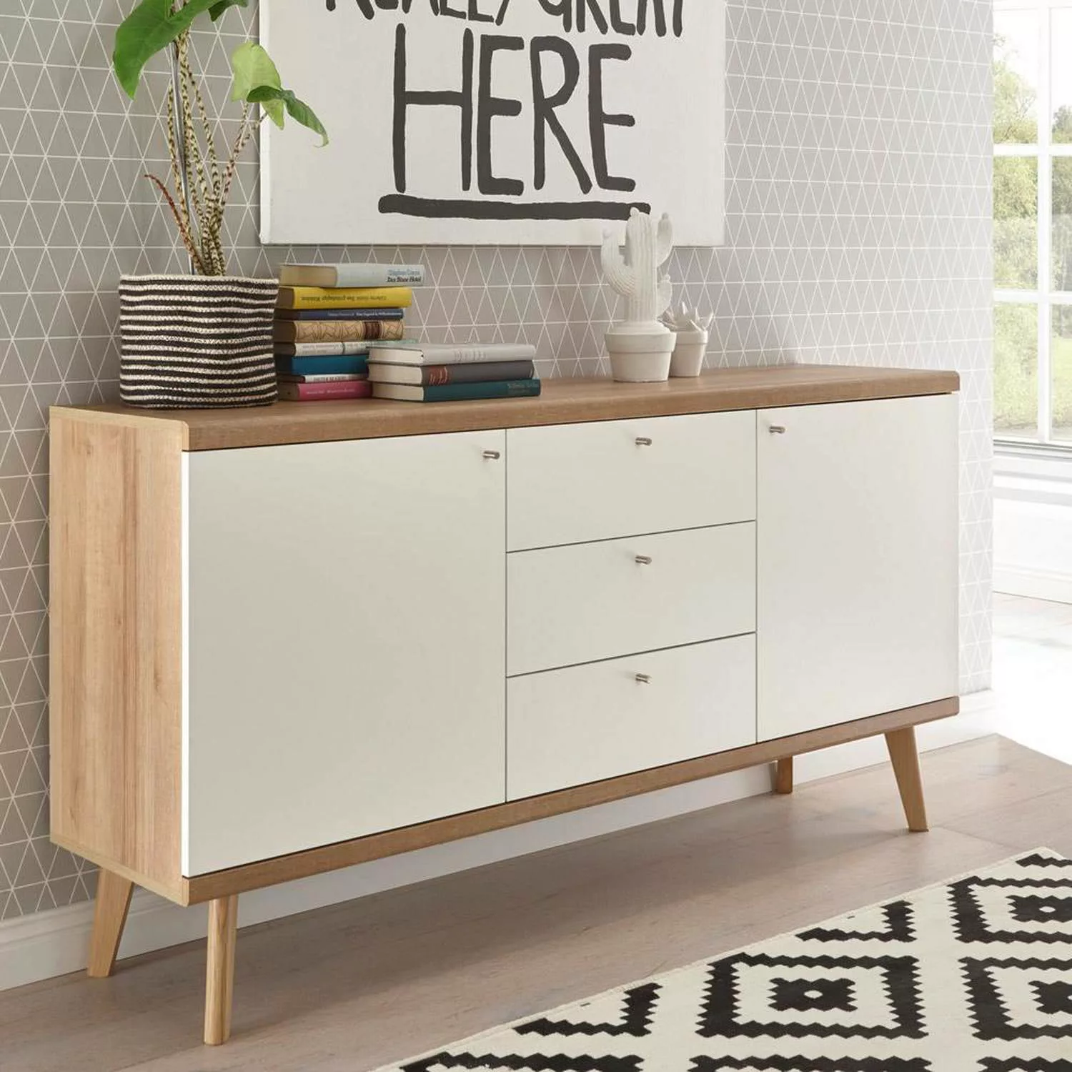 Wohnzimmer Sideboard MAINZ-61 Retro skandinavisch weiß matt mit Eiche Rivie günstig online kaufen