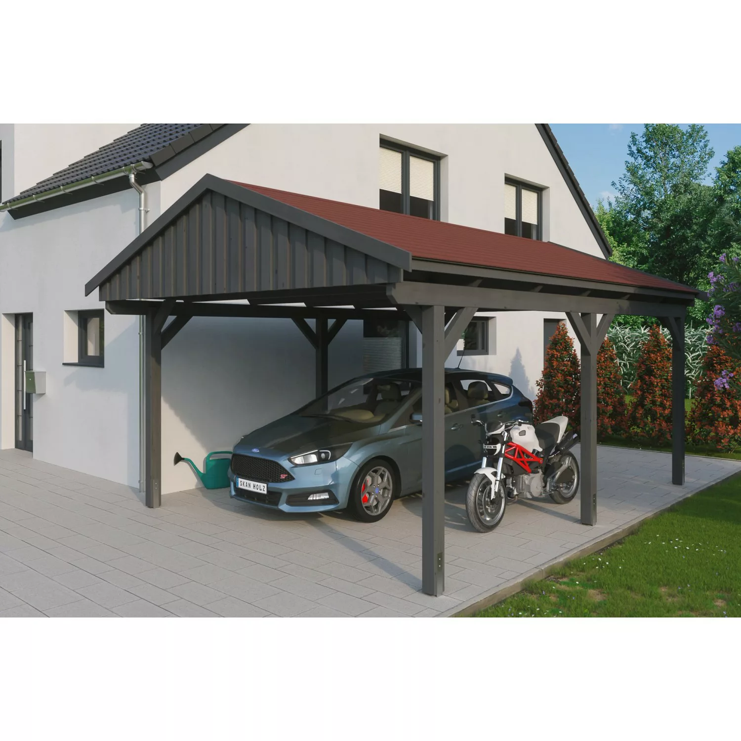 Skan Holz Carport Fichtelberg 423 cm x 566 cm Rote Schindeln Schiefergrau günstig online kaufen