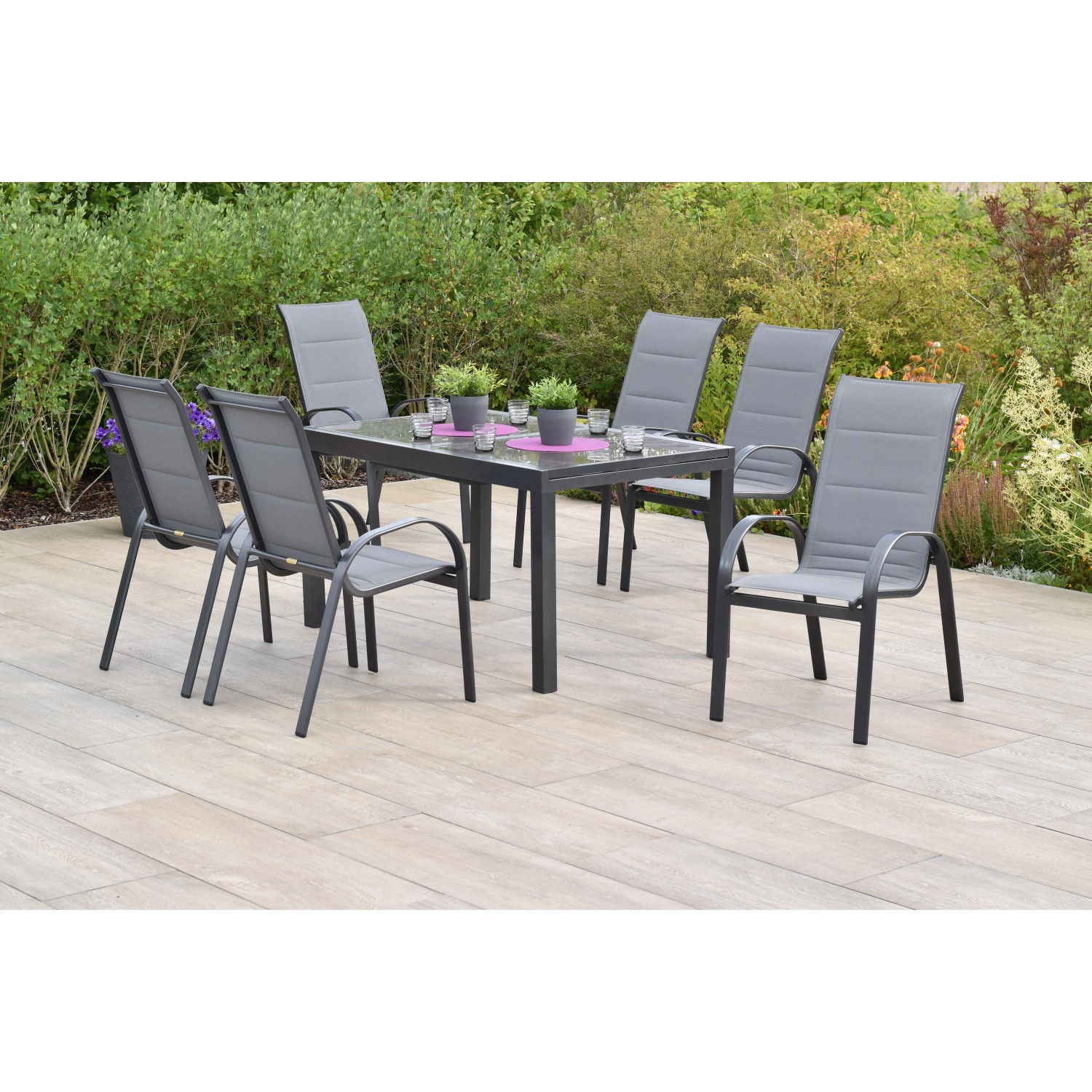 Merxx Amalfi Set 7 -tlg. 6 Stapelsessel Gartentisch 150 x 90 cm Grau günstig online kaufen