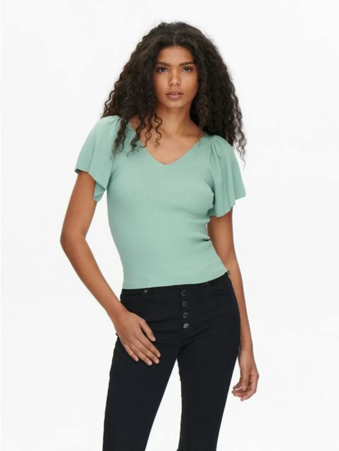 ONLY T-Shirt Geripptes T-Shirt Kurzarm V-Neck Top mit weiten Ärmeln ONLLEEL günstig online kaufen