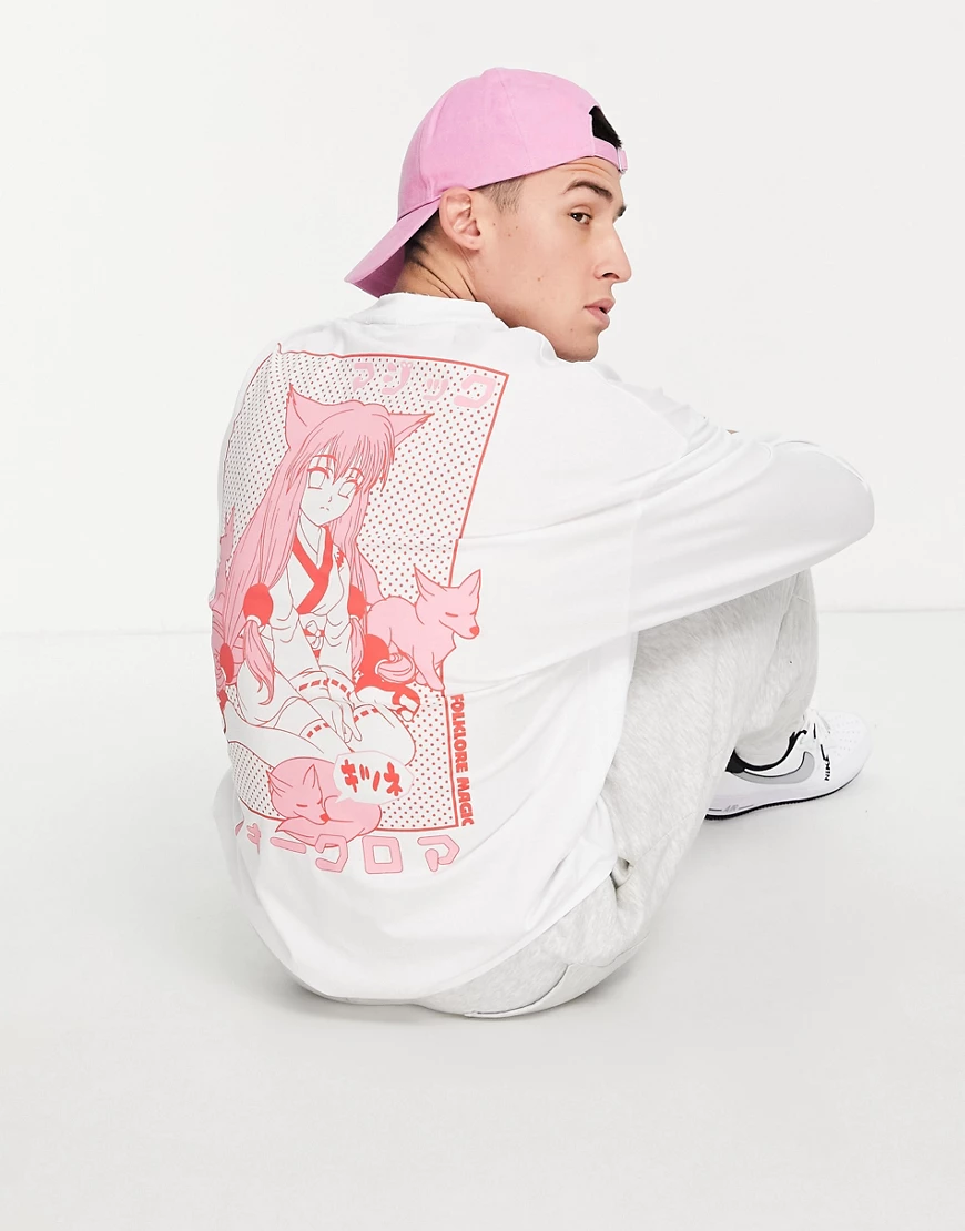 ASOS DESIGN – Langärmliges Oversize-Shirt in Weiß mit Anime-Print am Rücken günstig online kaufen