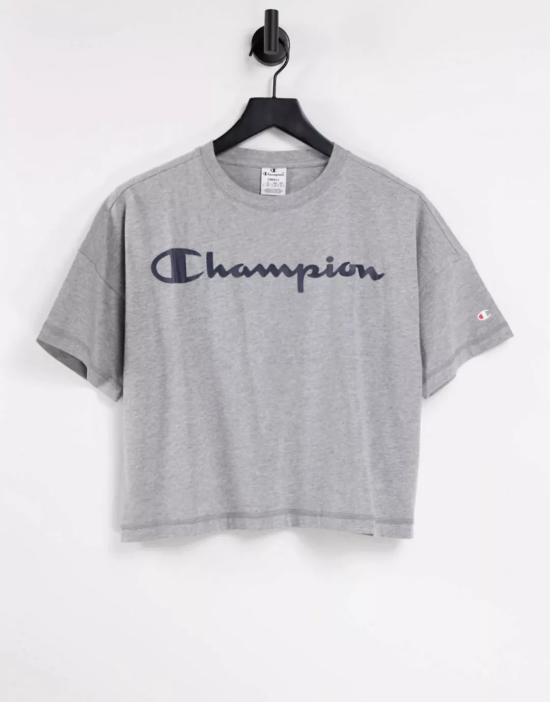 Champion – Kastiges T-Shirt in Grau mit kurzem Schnitt und großem Logo günstig online kaufen