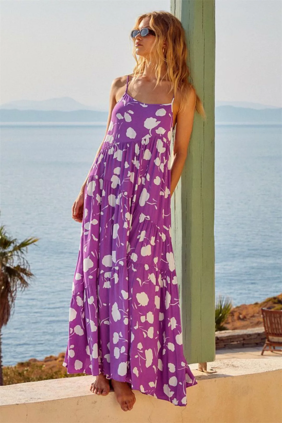 RUZU UG Dirndl Sommer bedrucktes Damenkleid Strand langes Kleid Trägerkleid günstig online kaufen
