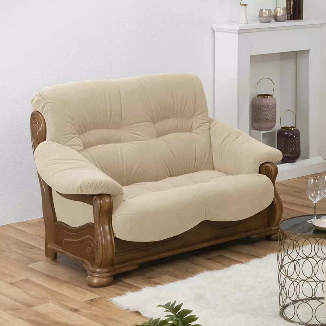 Rustikales Zweisitzer Sofa in Beige Stoff Made in Germany günstig online kaufen