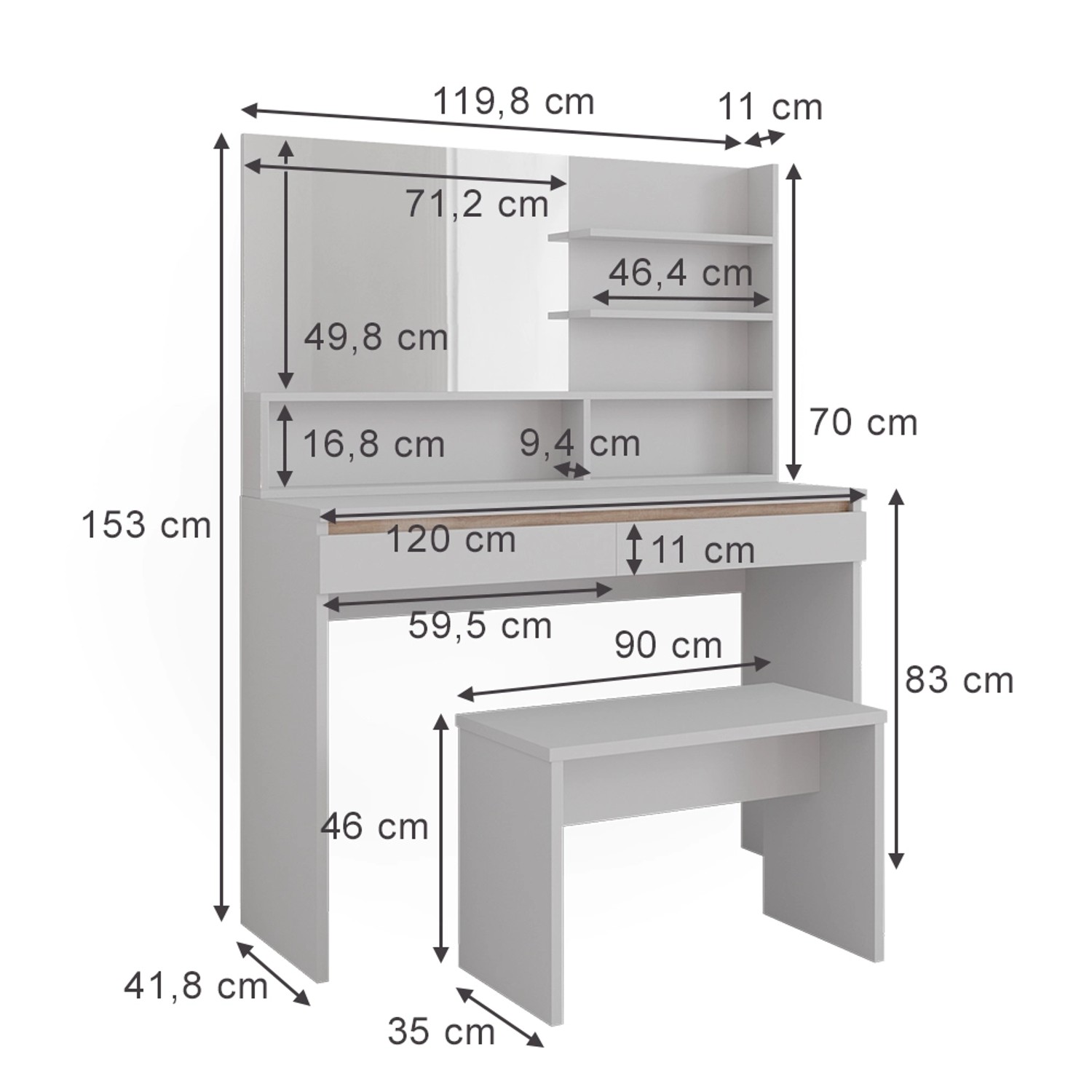 Vicco Schminktisch Emma Weiß 120 cm mit Spiegelregal & Bank günstig online kaufen