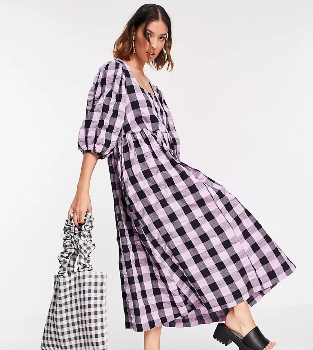 COLLUSION – Gesmoktes Midi-Gartenkleid mit Oversize-Passform und Vichy-Karo günstig online kaufen