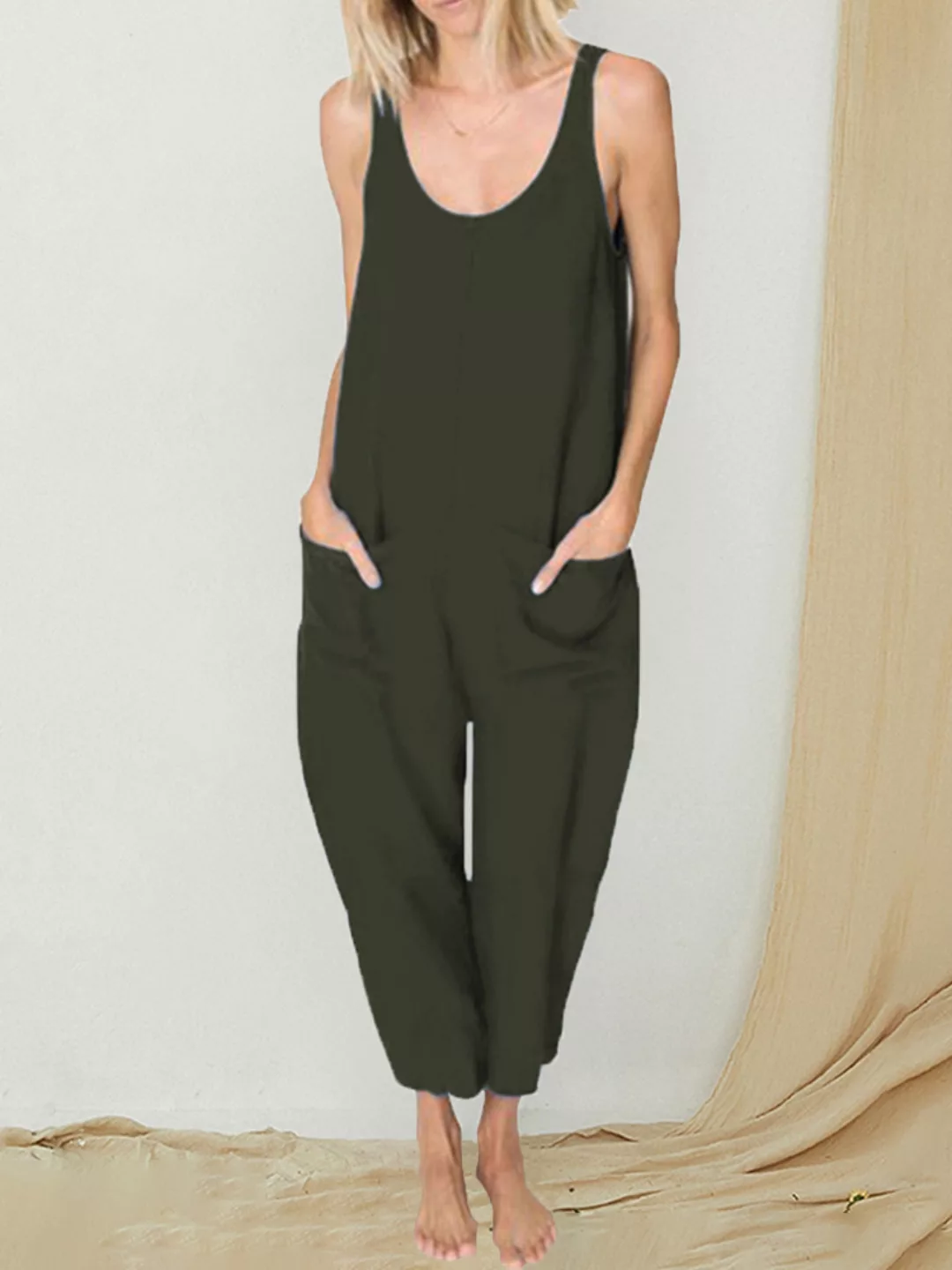 Einfarbiger Schultergurt lose Jumpsuit mit Tasche günstig online kaufen