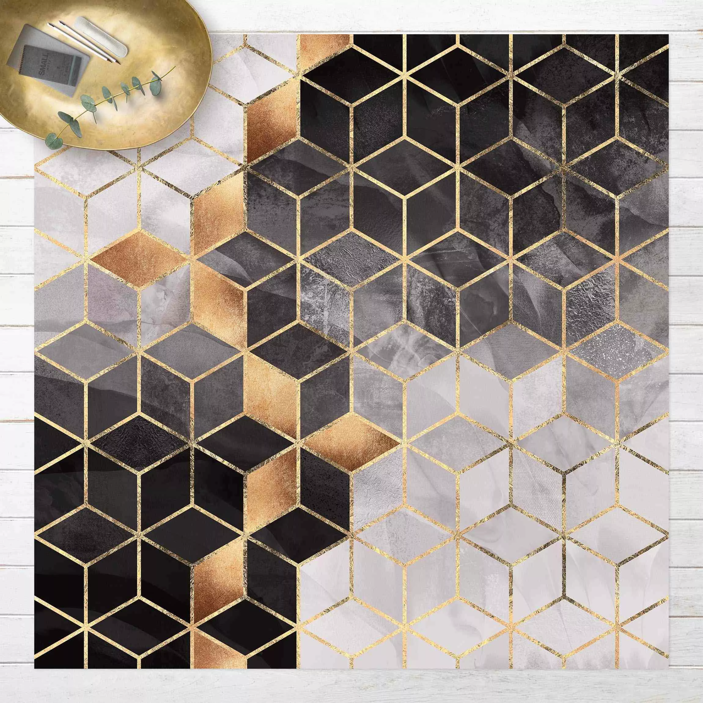 Vinyl-Teppich Schwarz Weiß goldene Geometrie günstig online kaufen