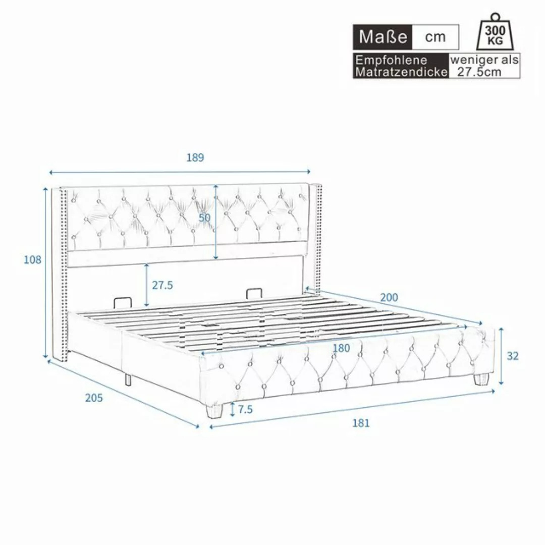 HAUSS SPLOE Polsterbett 180x200cm mit Lattenrost und Kopfteil, Nietenpolste günstig online kaufen