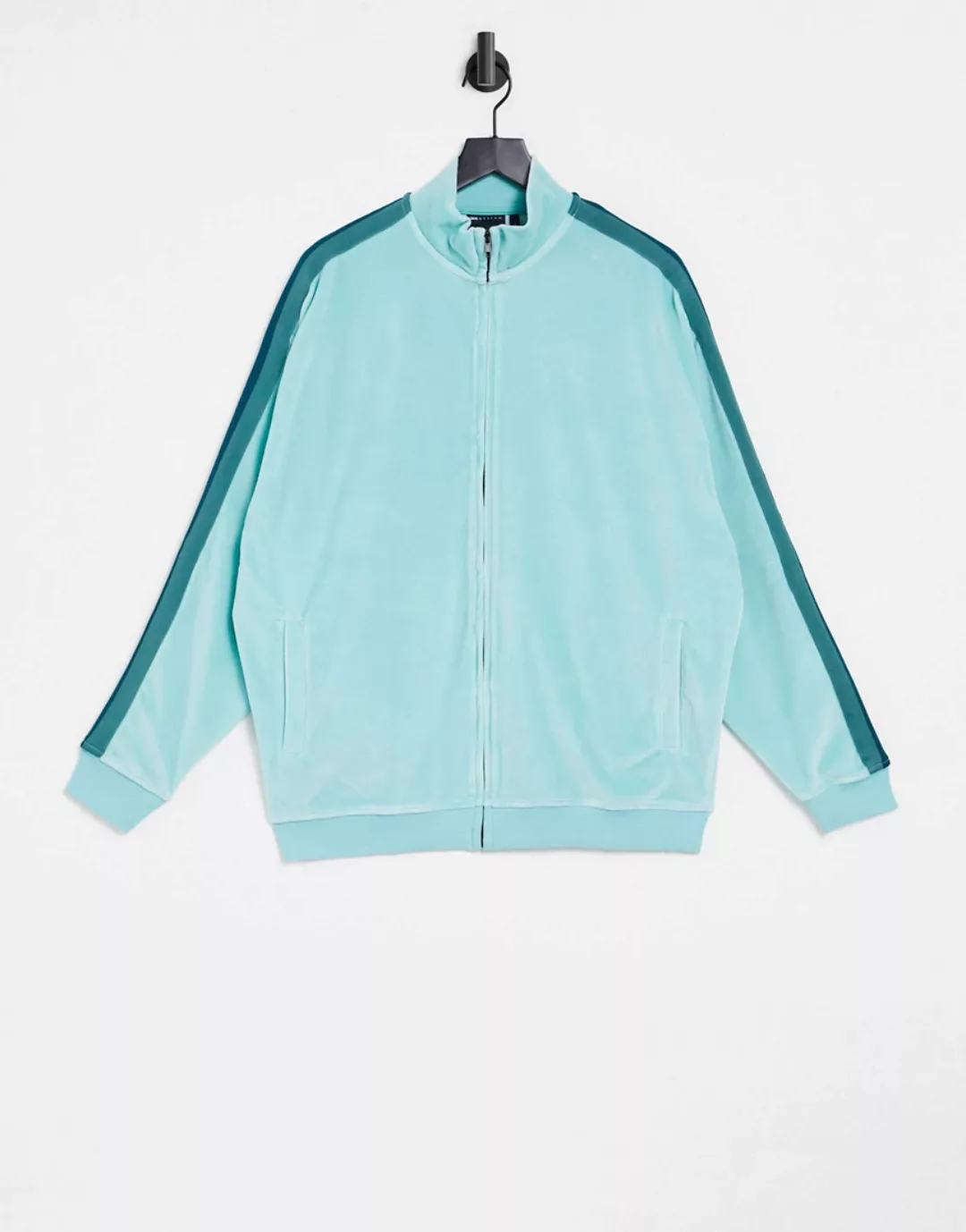 ASOS DESIGN – Oversize-Trainingsjacke aus Velours in Blaugrün mit seitliche günstig online kaufen