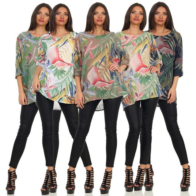 Mississhop Kurzarmshirt Damen-Bluse 100 % Baumwolle mit tropischem Print günstig online kaufen