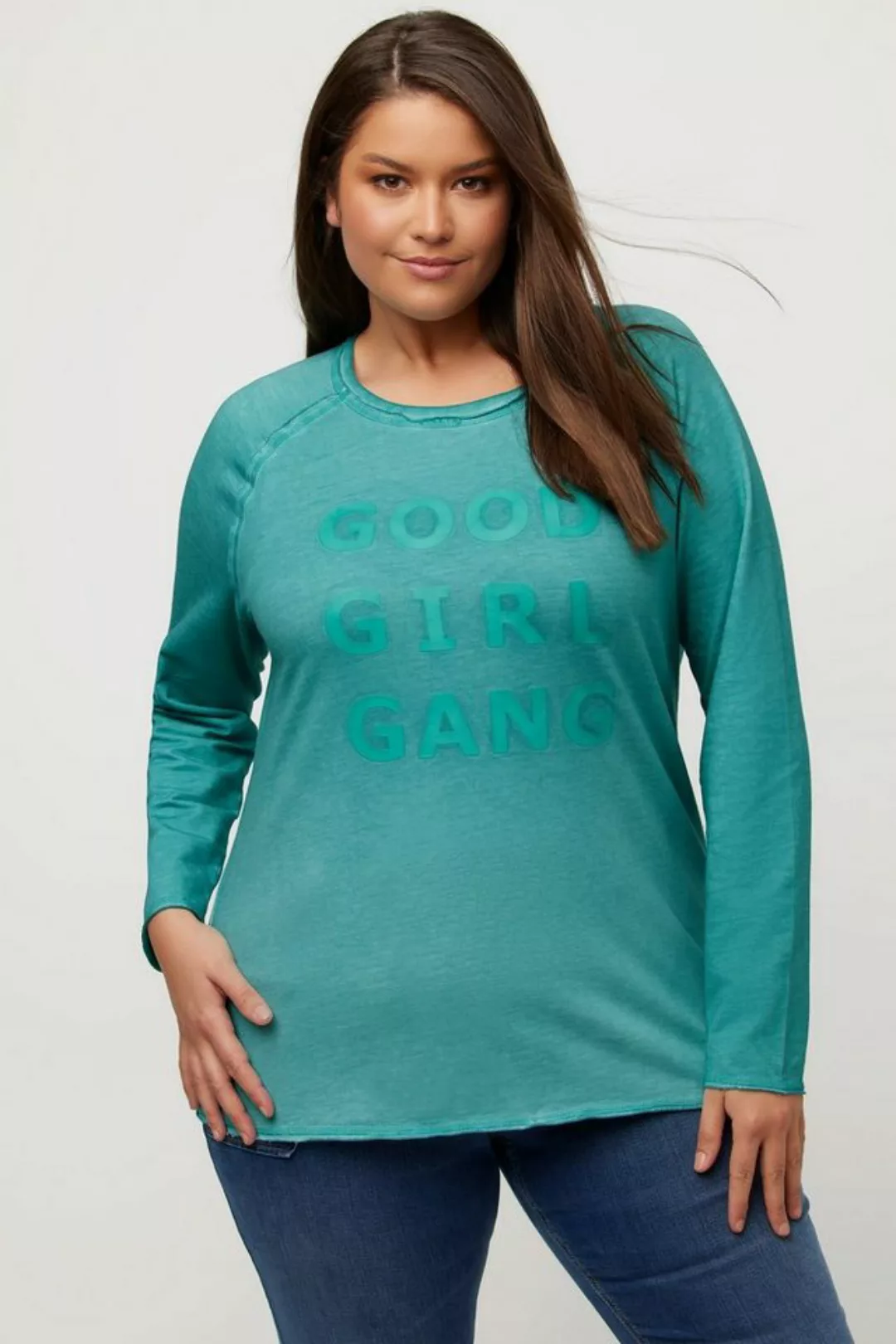 Ulla Popken Sweatshirt Sweatshirt Gummi-Schriftmotiv Rundhals Langarm günstig online kaufen