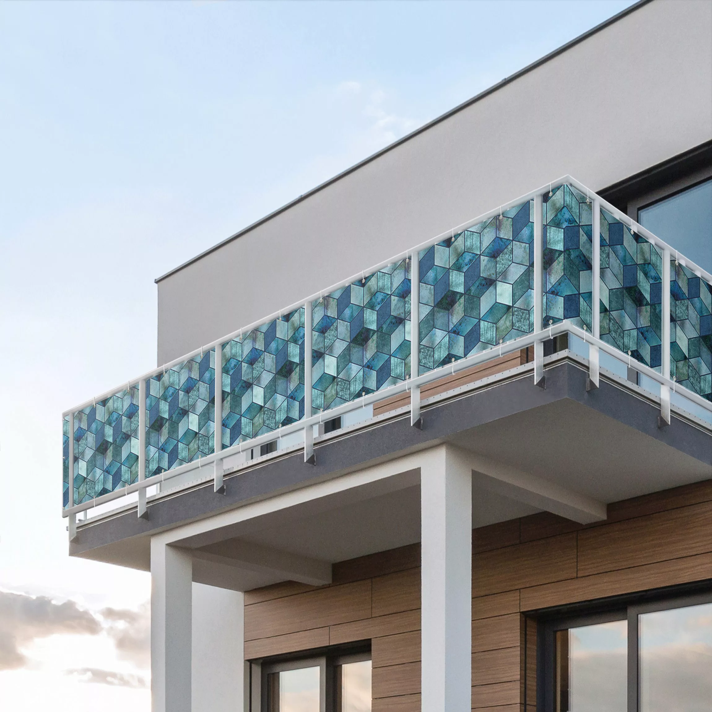 Balkon Sichtschutz Kristallblaues Würfelmuster günstig online kaufen