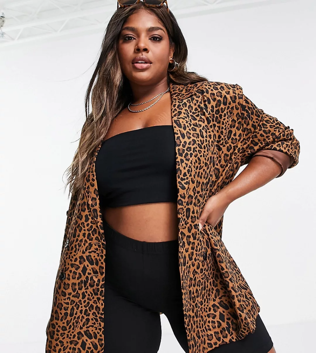 Urban Threads Plus – Oversize-Blazer mit Leopardenprint-Braun günstig online kaufen