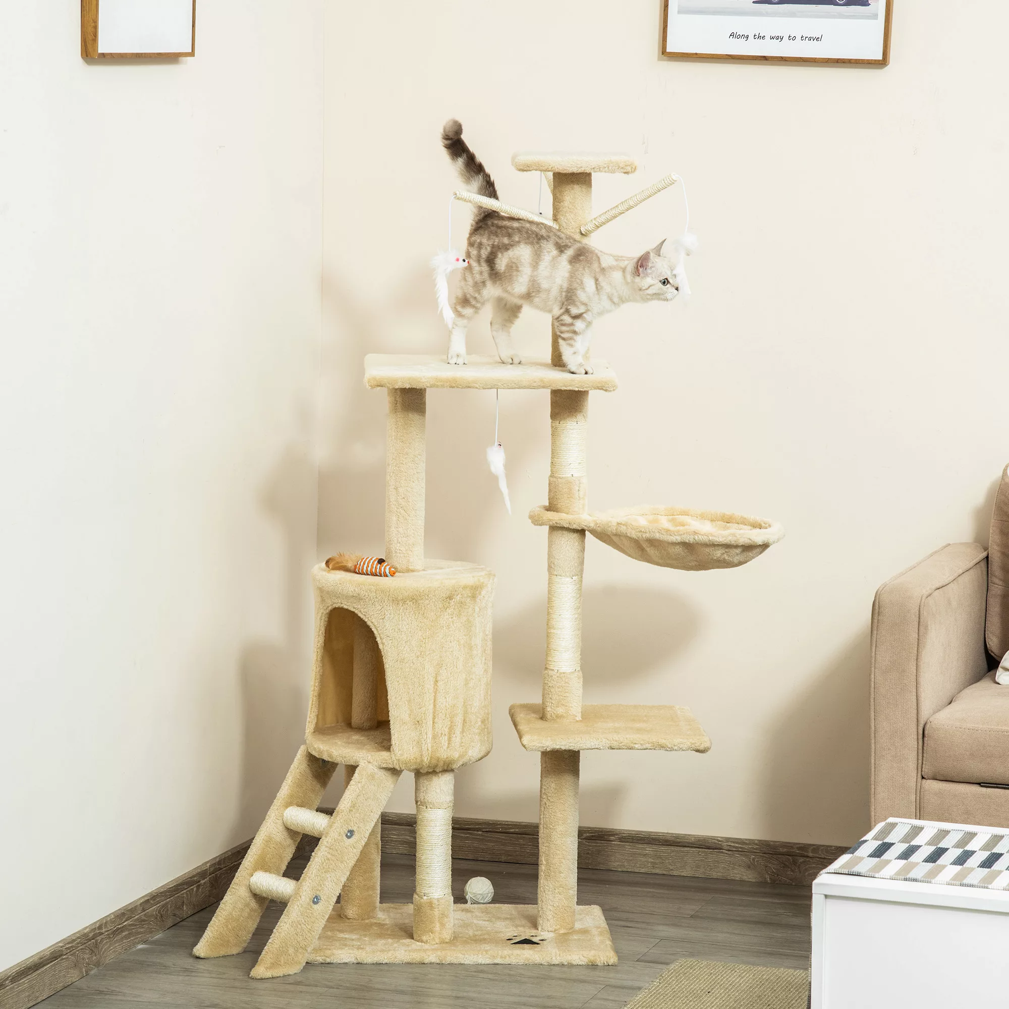 PawHut Katzenbaum  Kratzbaum mit Treppe und 4 Spielzeugen, Beige, Ideal für günstig online kaufen