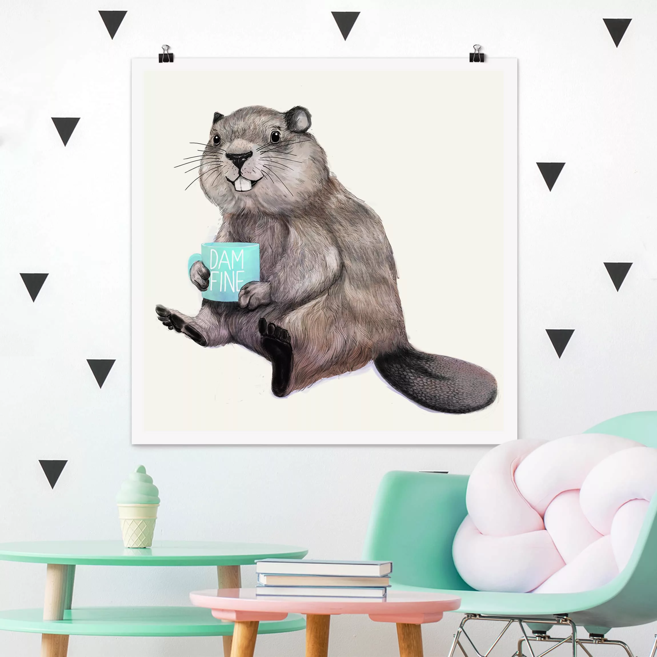 Poster Tiere - Quadrat Illustration Biber mit Kaffeetasse günstig online kaufen