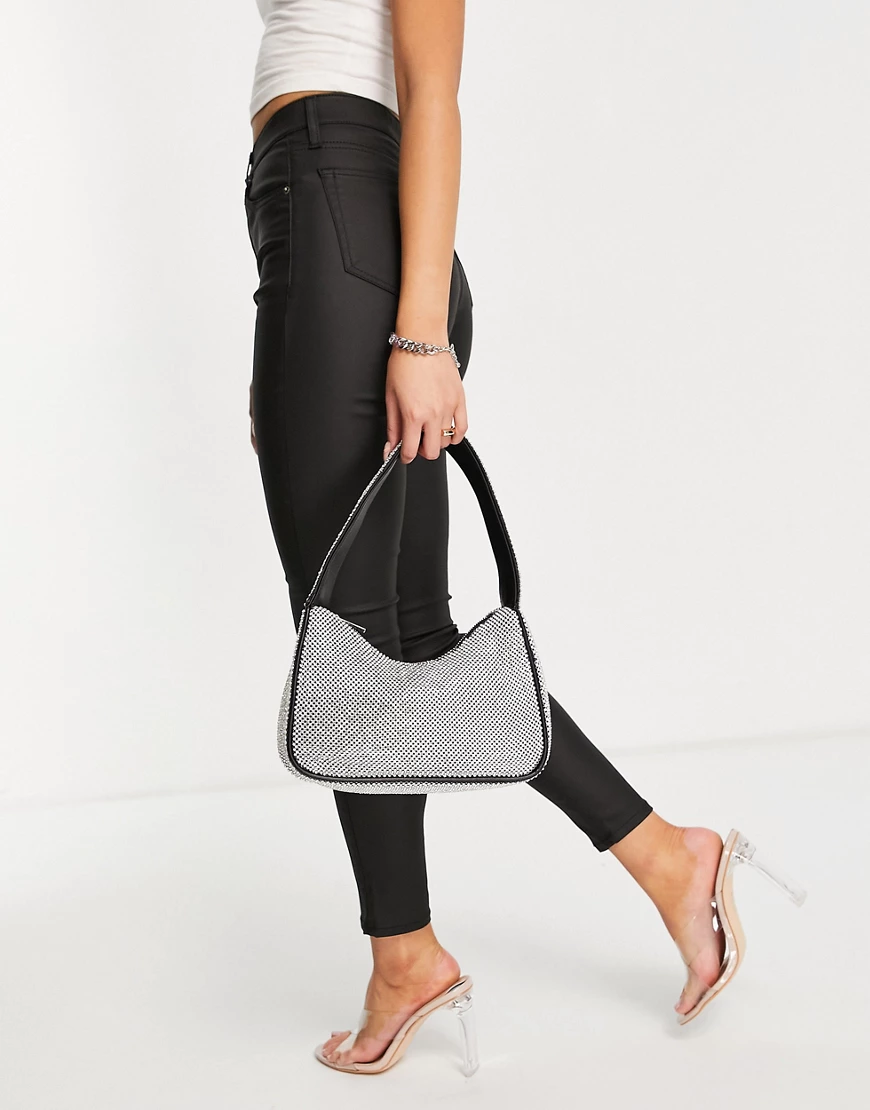 ASOS DESIGN – Schultertasche im 90er-Stil mit Strassbesatz in Silber-Schwar günstig online kaufen