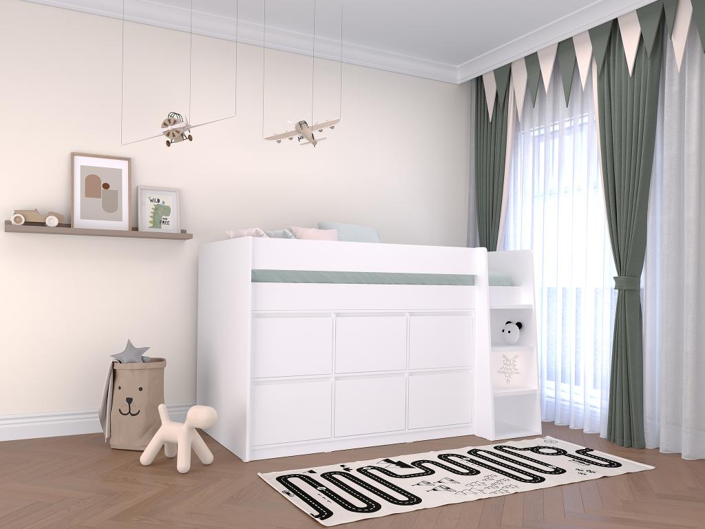 Hochbett mit 6 Schubladen - 90 x 190 cm - Weiß - CAMALETI günstig online kaufen