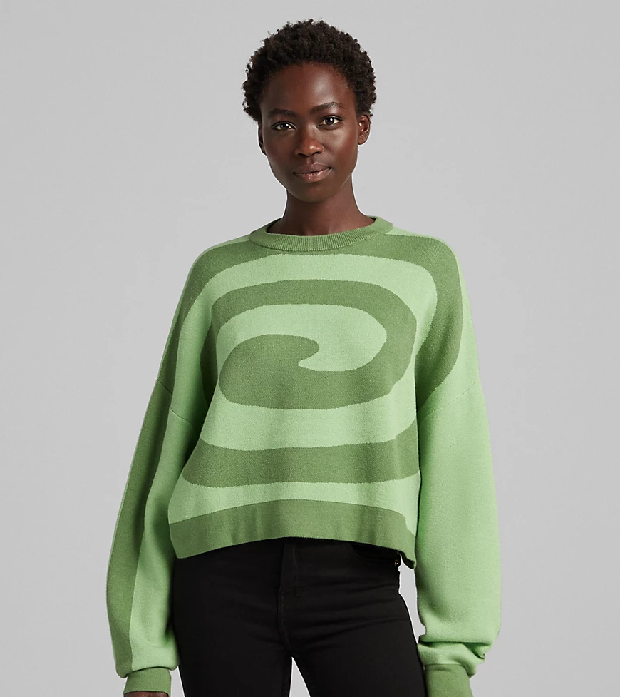 Bershka – Pullover in Grün mit Retro-Wirbelmuster günstig online kaufen
