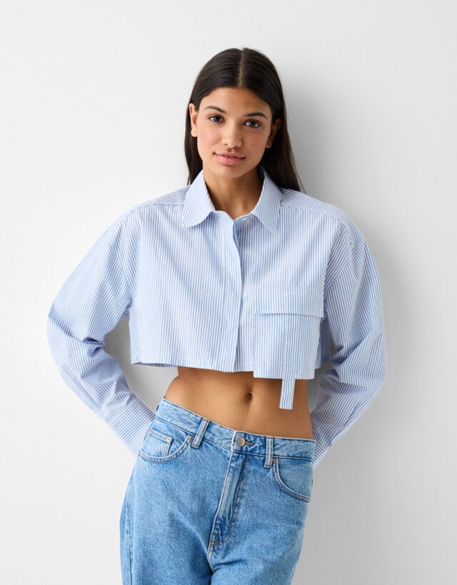 Bershka Cropped-Langarmhemd Aus Popelin Mit Bändern Damen L Blau günstig online kaufen