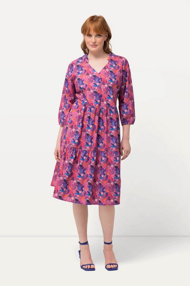 Ulla Popken Jerseykleid Tunikakleid Paradiesvögel V-Ausschnitt 3/4-Arm günstig online kaufen