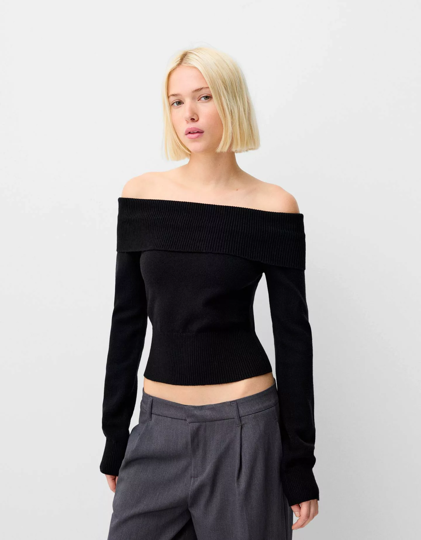 Bershka Pullover Mit Carmen-Ausschnitt Damen S Schwarz günstig online kaufen