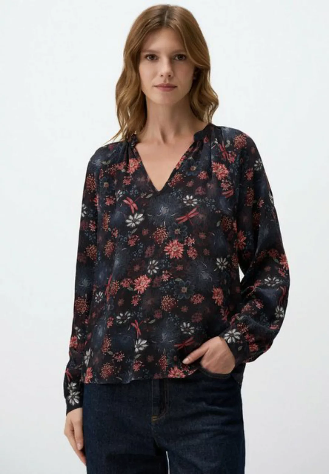 Jimmy Key Blusentop V-Ausschnitt Blumen Gemustert Lockere Passform Bluse günstig online kaufen