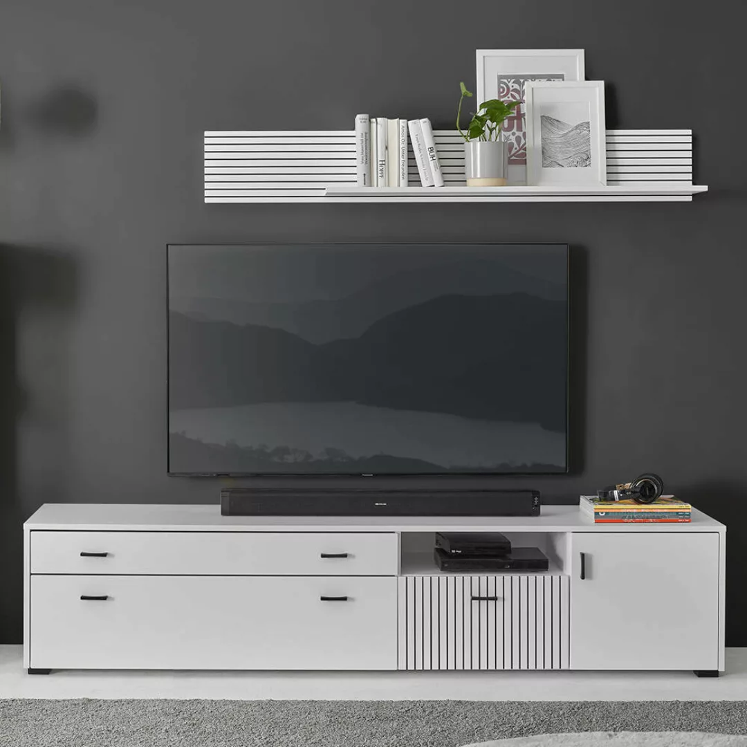 Wohnzimmer Set 200cm TV Lowboard und Wandboard weiß matt schwarz gerillt HU günstig online kaufen