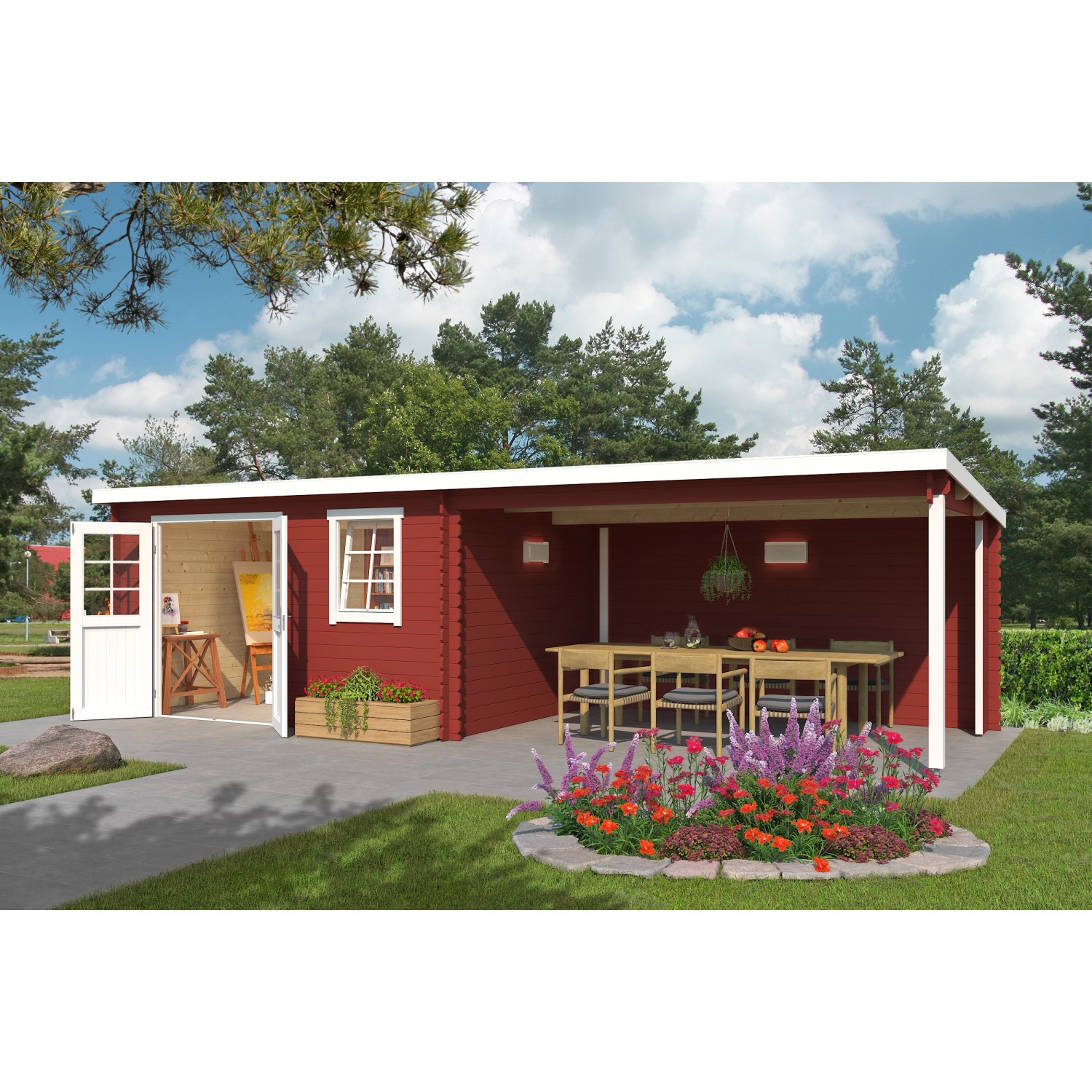 Lasita Holz-Gartenhaus Reno Schwedenrot 780 cm x 313,9 cm mit Anbaudach günstig online kaufen