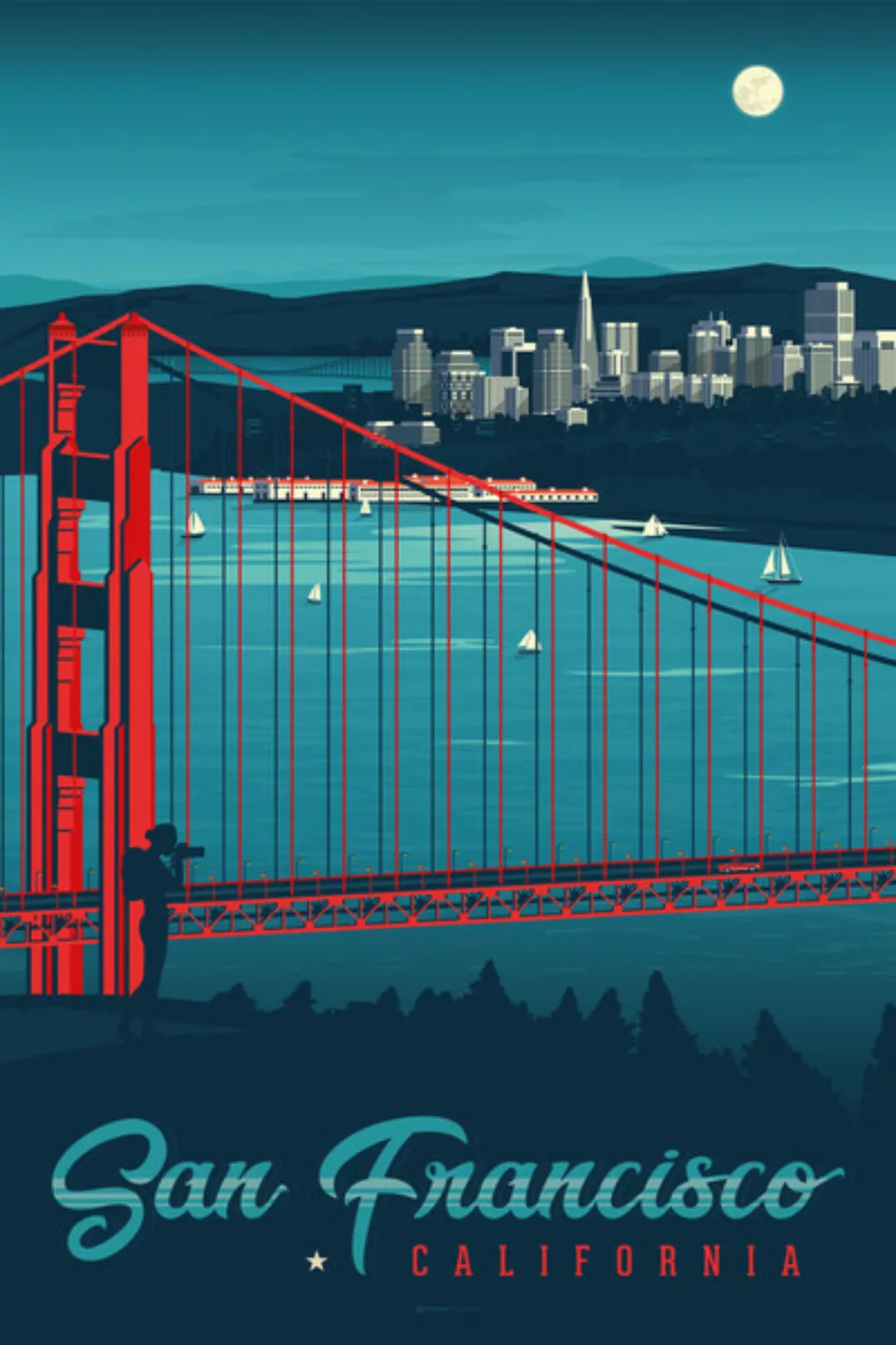 Poster / Leinwandbild - Golden Gate Bridge San Francisco Vintage Travel Wan günstig online kaufen