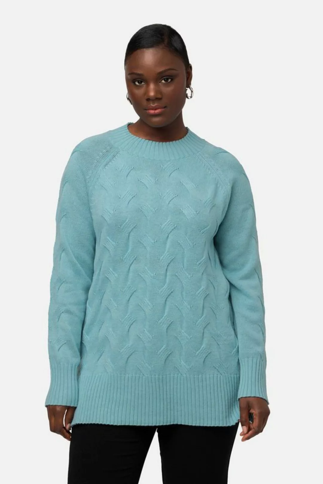 Ulla Popken Strickpullover Pullover Zopfmuster Stehkragen Raglan-Langarm günstig online kaufen